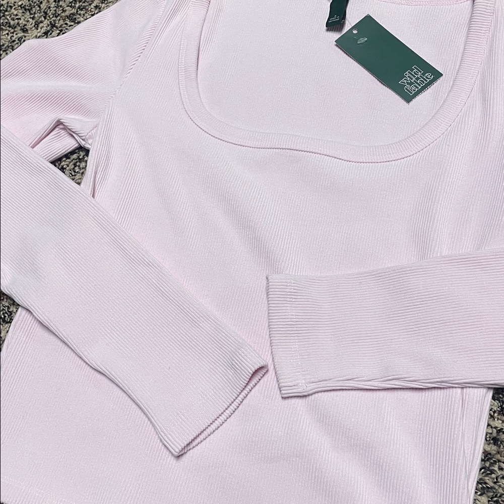 Wild Fable Ribbed Light Pink Square Neck Long Sleeve Cropped Tee Sz S | NWT - Picture 2 of 4